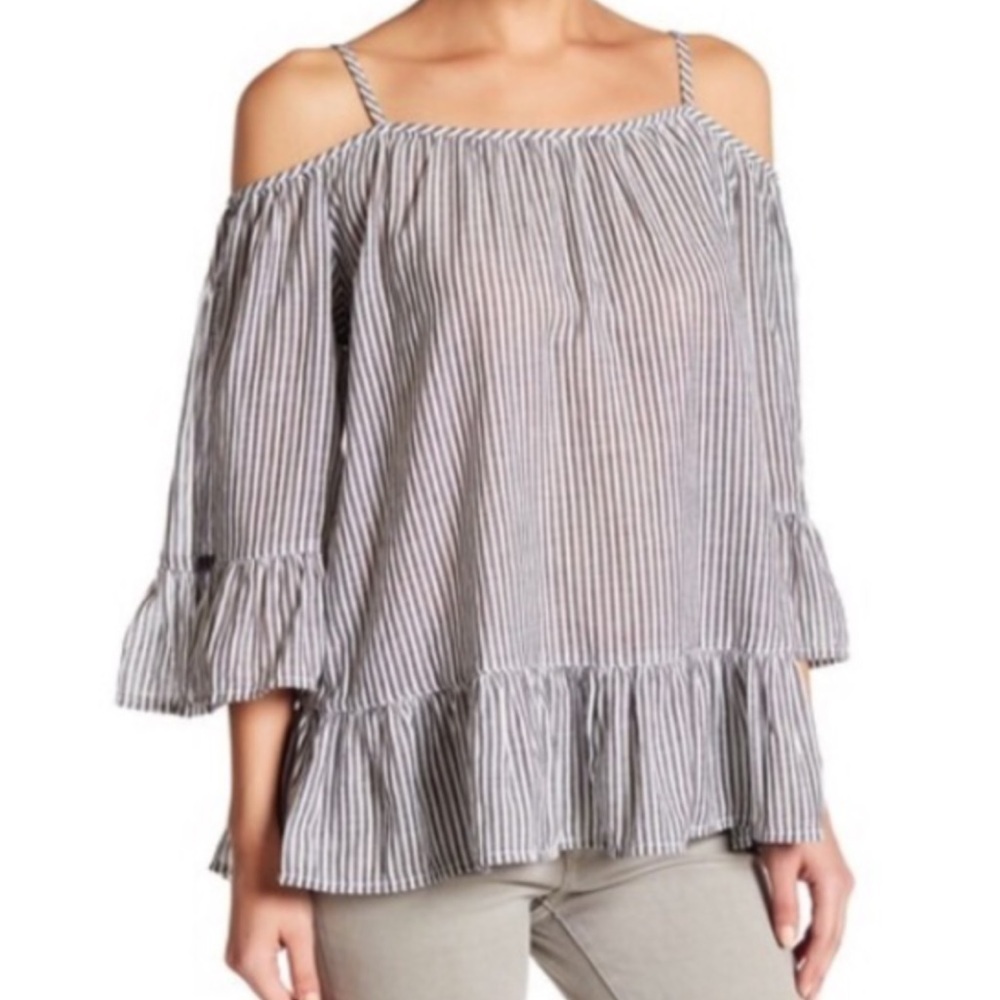 Beachlunchlounge blue white cold shoulder striped ruffle detail boho top Sz S
